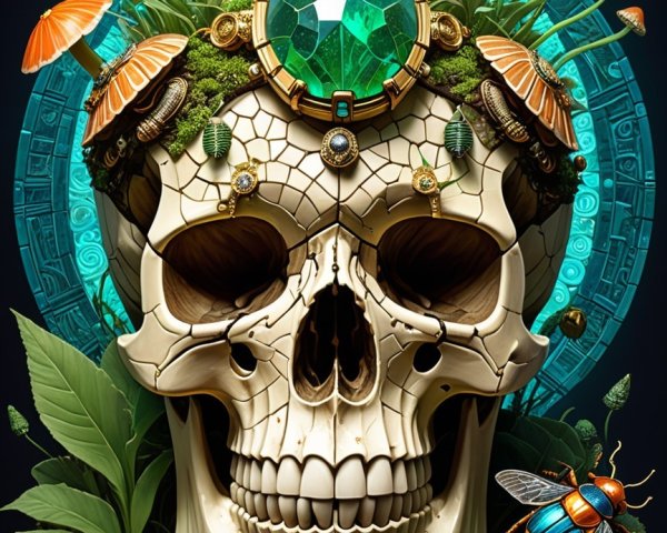 Skull Decorated with Green Foliage and Orange Mushrooms