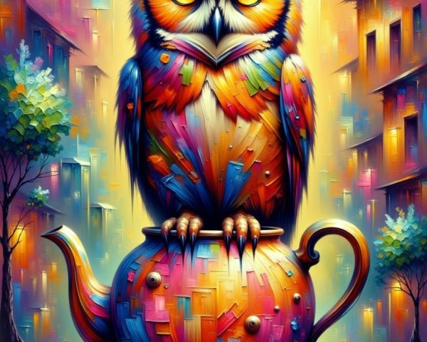 Colorful Owl on Whimsical Teapot with Abstract Background