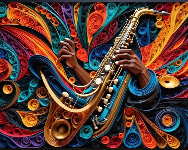 Abstract Artwork of a Saxophonist in Colorful Patterns