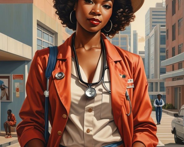 Confident Woman in Urban Setting with Stethoscope