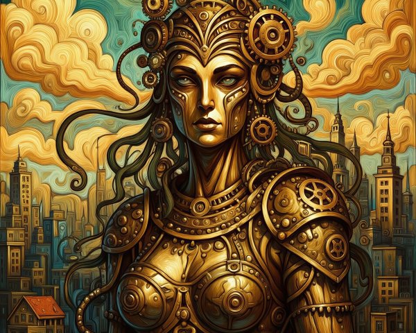 Golden Steampunk Warrior Woman with City Skyline