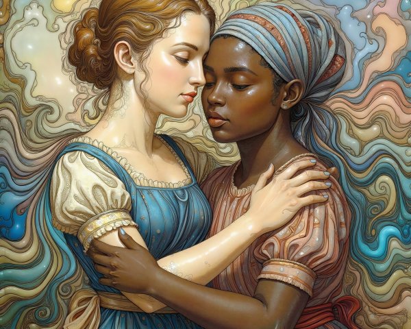 AI Art Piece of Two Women Embracing in Fantasy Style