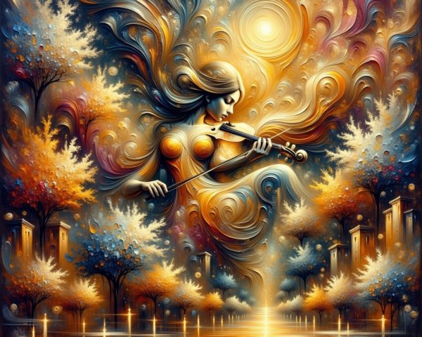 Ethereal Figure Playing Violin in Dreamlike Landscape