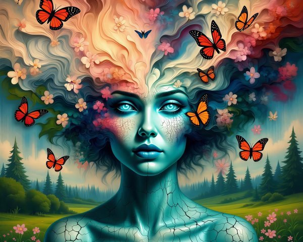 Portrait of a woman with blue eyes and cloud hair