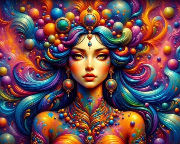 Ethereal woman with multicolored hair and jewelry