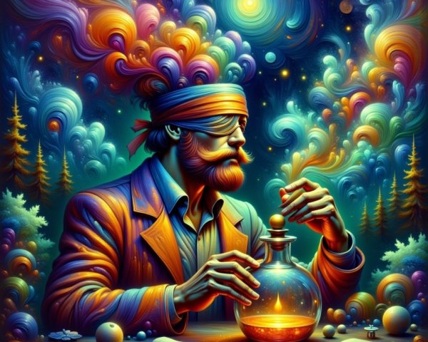 Mystical Figure with Glowing Potion in Enchanted Forest