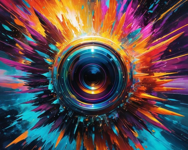 Vibrant Circular Lens with Colorful Cosmic Explosion