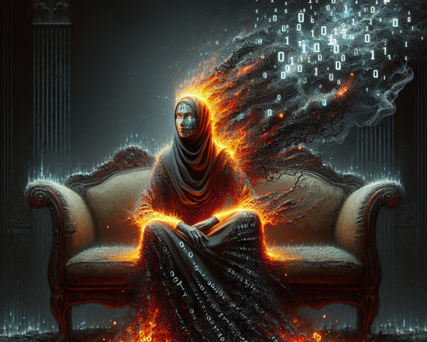 Mysterious Figure in Hijab Surrounded by Digital Patterns