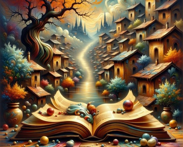 Psychedelic Fantasy Landscape with Open Book and Beads