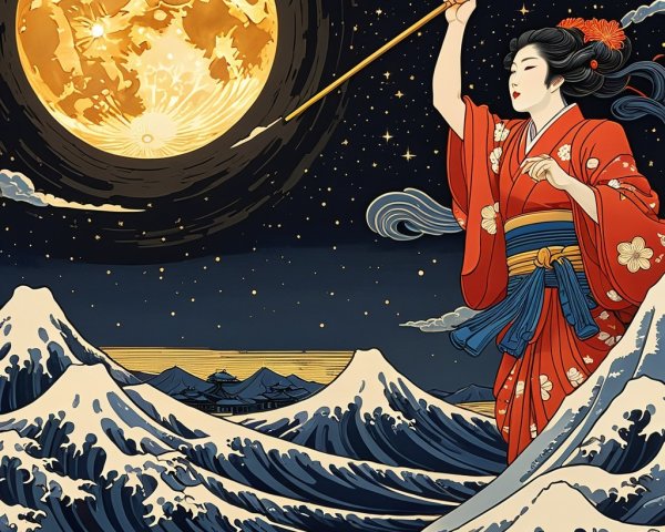 Woman in Traditional Attire with Spear and Moonlit Scene