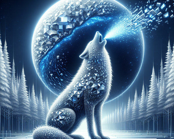 Luminous Geometric Wolf with Abstract Moon Background