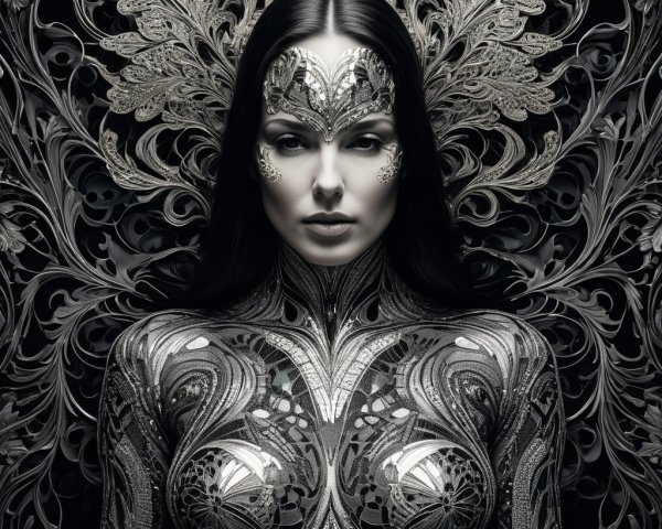 Silver Body Art Against Dark Ornate Backdrop