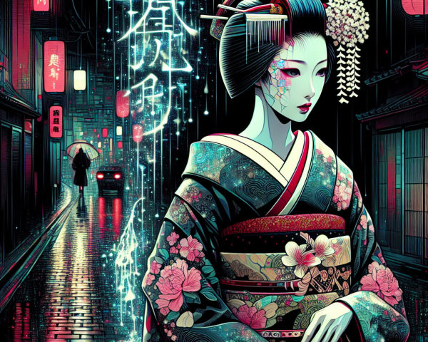 Neon-Lit Cityscape with Geisha in Rainy Night Scene