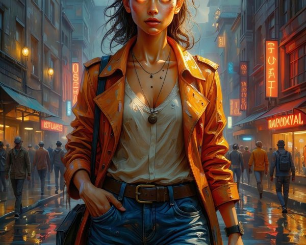 Digital Painting of Woman in Vibrant City Street