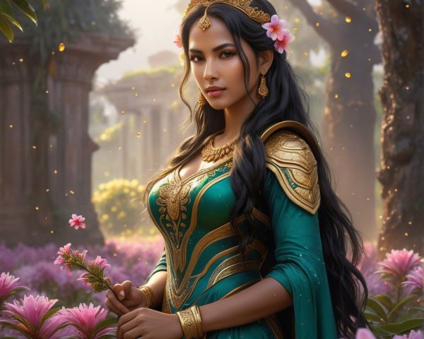 Majestic figure in emerald gown within lush garden
