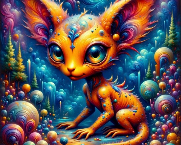Psychedelic Furry Creature in Colorful Fantasy Scene