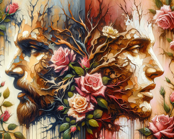 Abstract Interwoven Faces with Roses and Tree Roots
