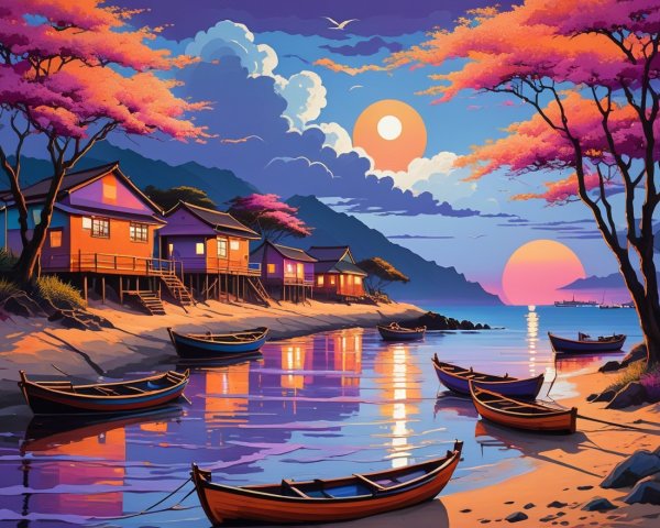 Tranquil Beach Scene with Colorful Houses at Dusk