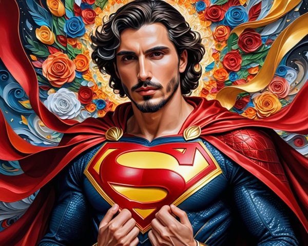 Heroic Figure in Superman Costume with Floral Patterns