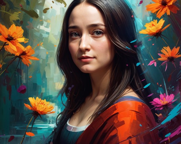 Young Woman Surrounded by Vibrant Flowers and Foliage