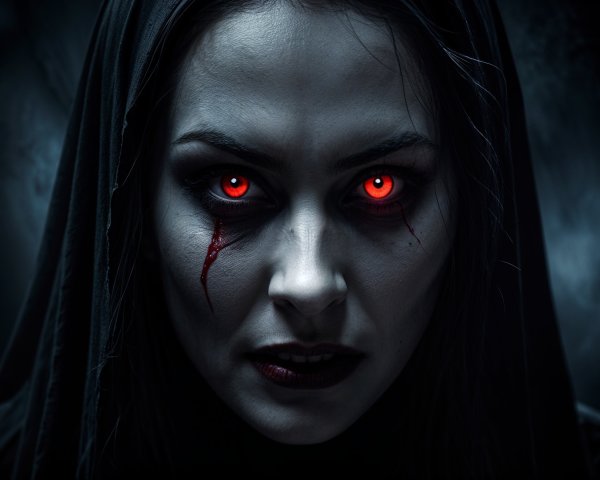 Mysterious Female Figure in Darkness with Red Eyes