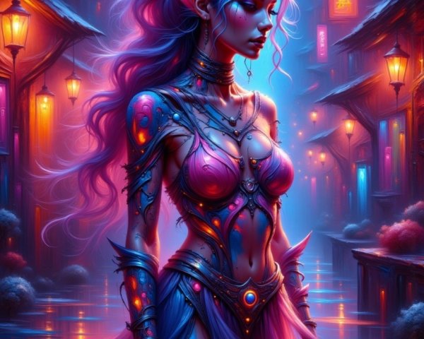 Mystical figure in a neon-lit fantasy alleyway