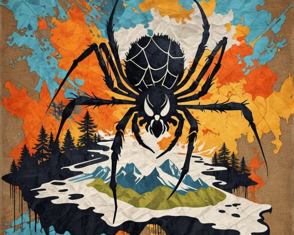 Stylized Black Spider on Vibrant Abstract Background