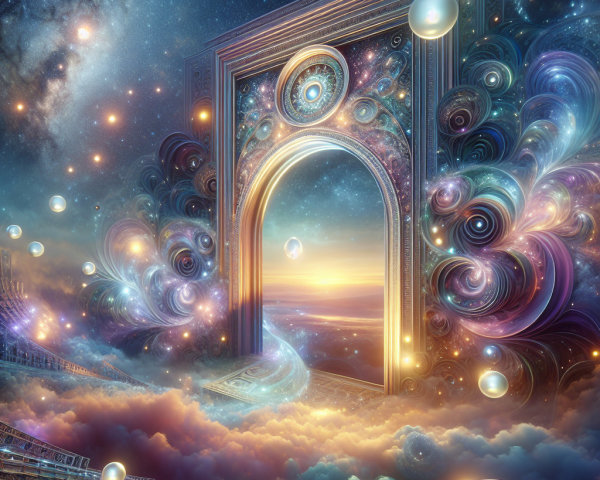 Surreal Cosmic Landscape with Ornate Archway and Galaxies