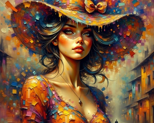 Digital painting of a woman in a colorful abstract scene