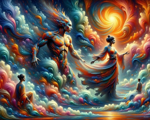 Ethereal Figures in a Cosmic Colorful Scene