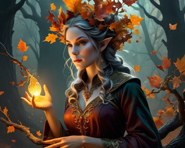 Mystical elf in a dim forest with glowing orb