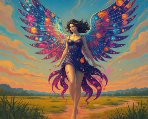 Ethereal Woman with Feather Wings at Sunset in Field