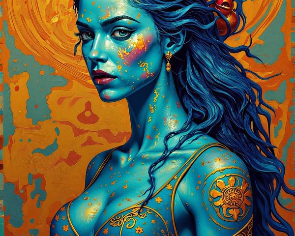 Stylized portrait of a teal-skinned female figure