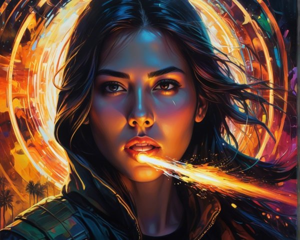 Female figure against a vibrant fiery backdrop