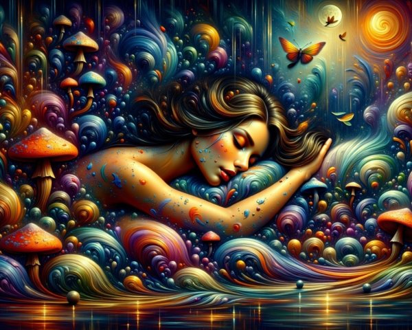 Serene Woman Surrounded by Vibrant Nature Elements