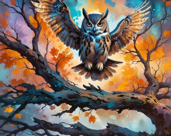 Majestic owl perched on a branch in autumn twilight