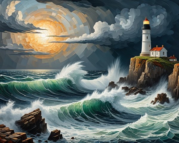 Dramatic Seascape with Lighthouse and Turbulent Waves