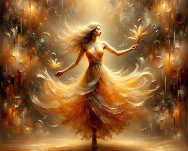 Dancer in Illuminated Golden Gown with Abstract Background