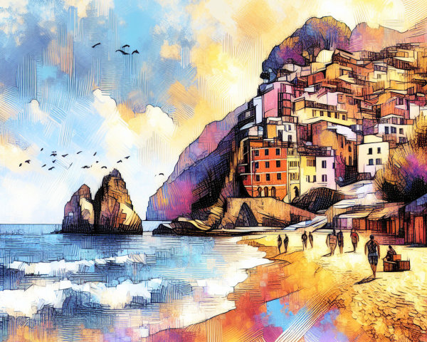 Vibrant Coastal Village Illustration with Colorful Houses