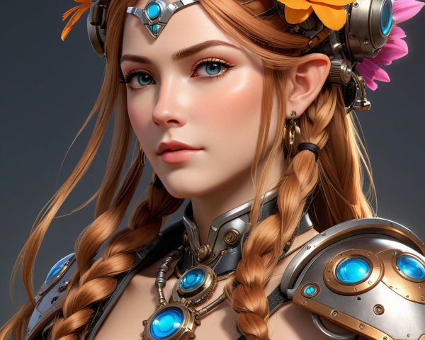 Fantastical female character in stylized armor with gems