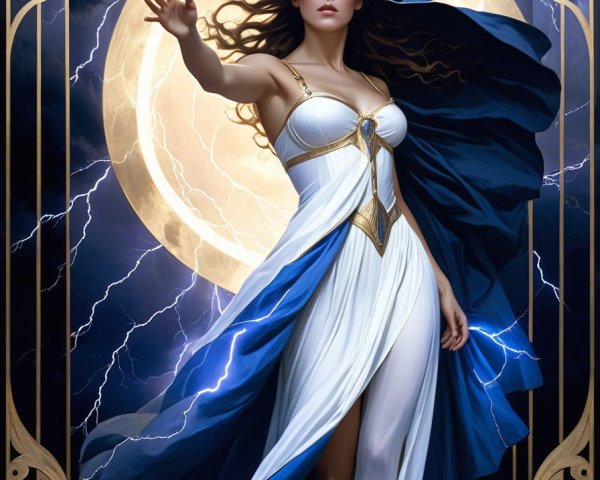 Majestic figure in gown under dramatic night sky