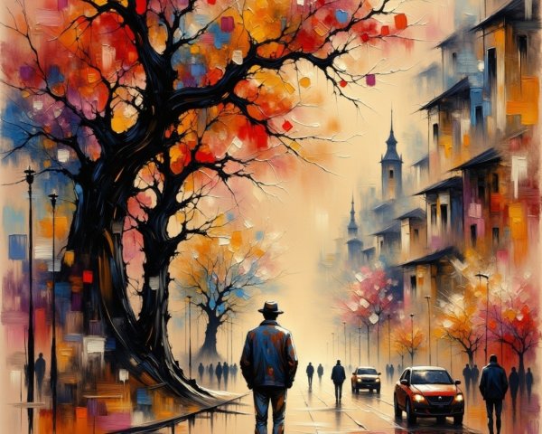 Autumn Scene with Colorful Trees and Urban Landscape
