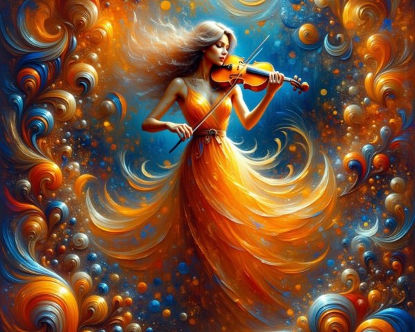 Woman in Orange Dress Playing Violin with Colorful Background