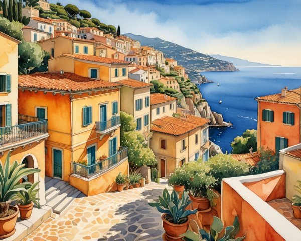 Charming Coastal Village with Colorful Houses and Sea