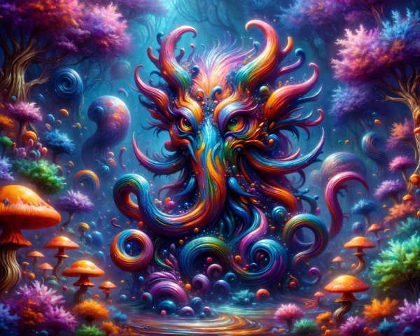 Surreal Landscape with Mystical Creature and Flora