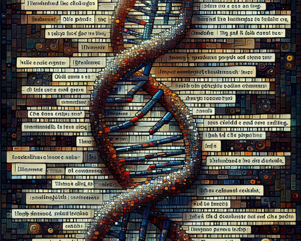 Stylized DNA Helix with Mosaic Patterns and Text