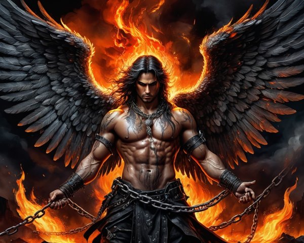 Muscular Warrior Surrounded by Fiery Flames and Chains