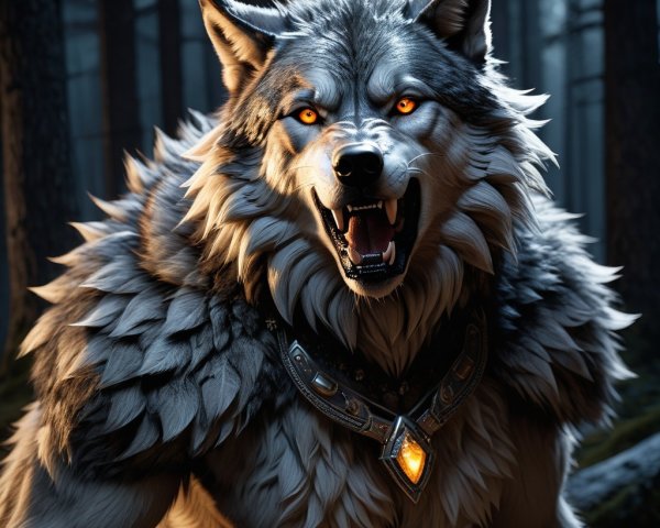 Majestic wolf in misty forest with glowing collar