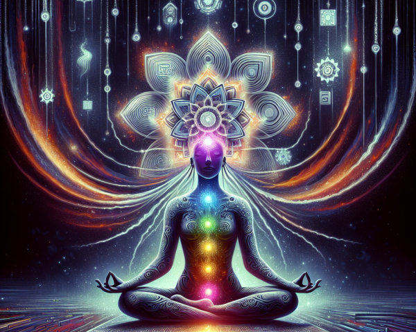 Meditative Figure Surrounded by Vibrant Patterns and Light