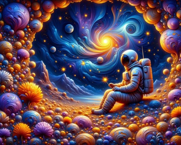 Astronaut in Vibrant Cosmic Landscape with Flora